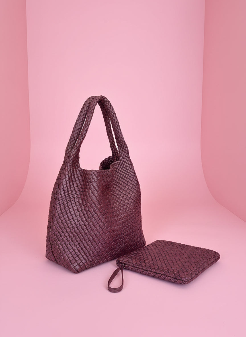 CROCHET LEATHER TOTE BAG W/ PURSE