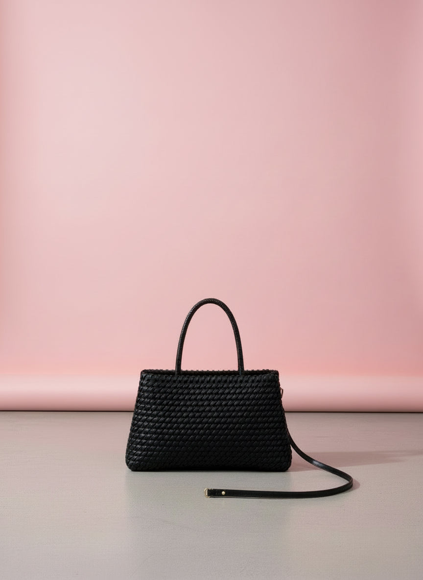 CROCHET LEATHER RECTANGLE TOTE BAG W/ Belt